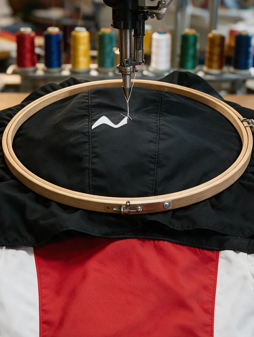 Stickmaschine stickt das Marc-Girardelli-„M“ auf die Kapuze einer VERBIER-Jacke