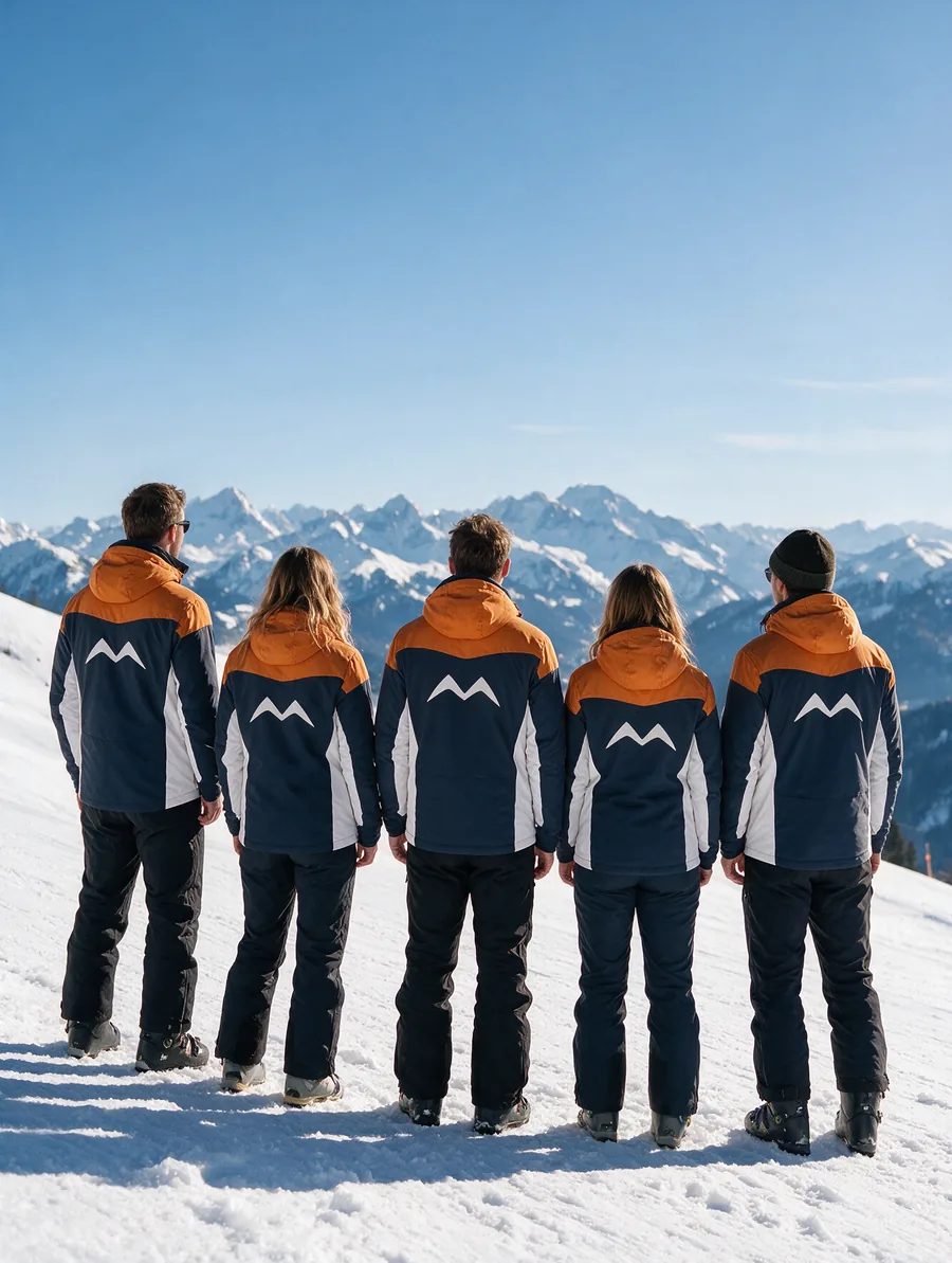 Skiclub-Team von hinten mit Vereinslogo auf dem Rücken